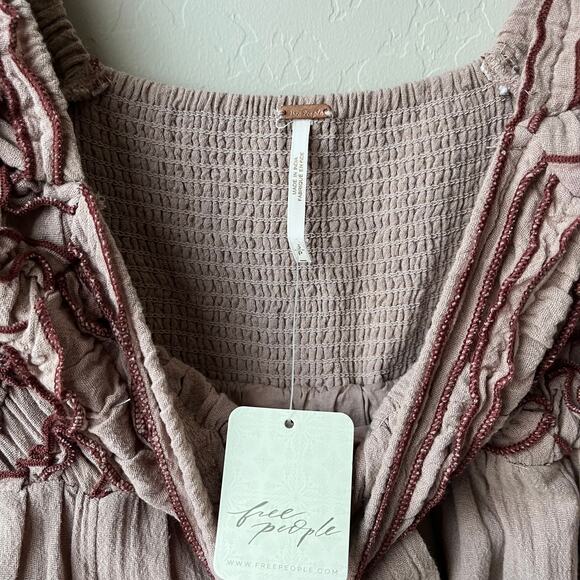 NEW Free People Babydoll Dress Feel The‎ Frill Cotton Tan Midi Dress Size S - Picture 5 of 9